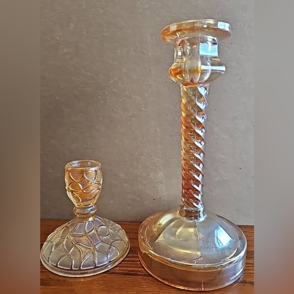 Imperial Tree of Life + Twisted Stem Carnival Glass Candlestick Pair Marigold